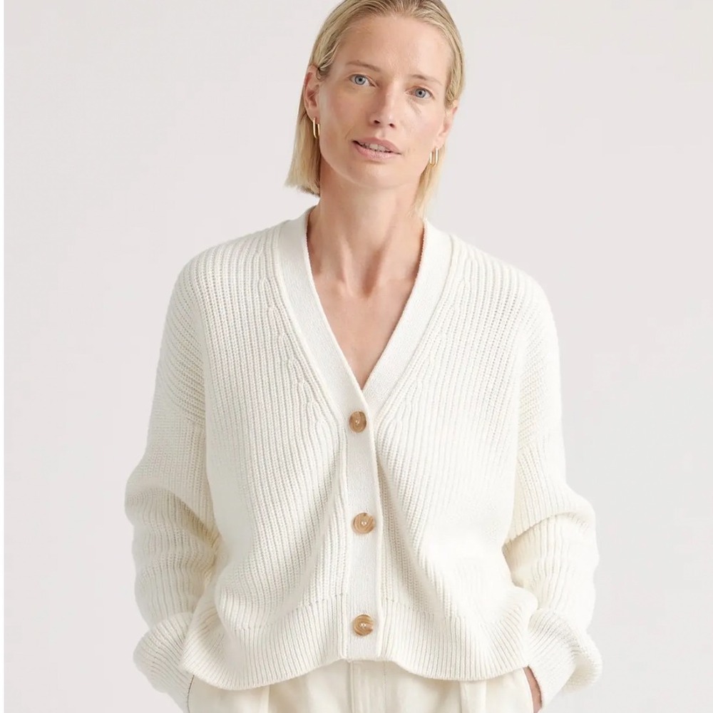 Quince Organic Cotton Fisherman Cardigan Sweater Womens XS Ivory Minimalist NWOT
